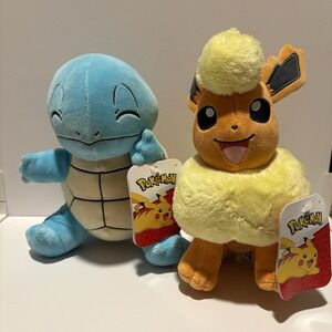 Pokemon Squirtle & Flareon Plush Set w/ Tags Nintendo Stuffed Toy Bundle